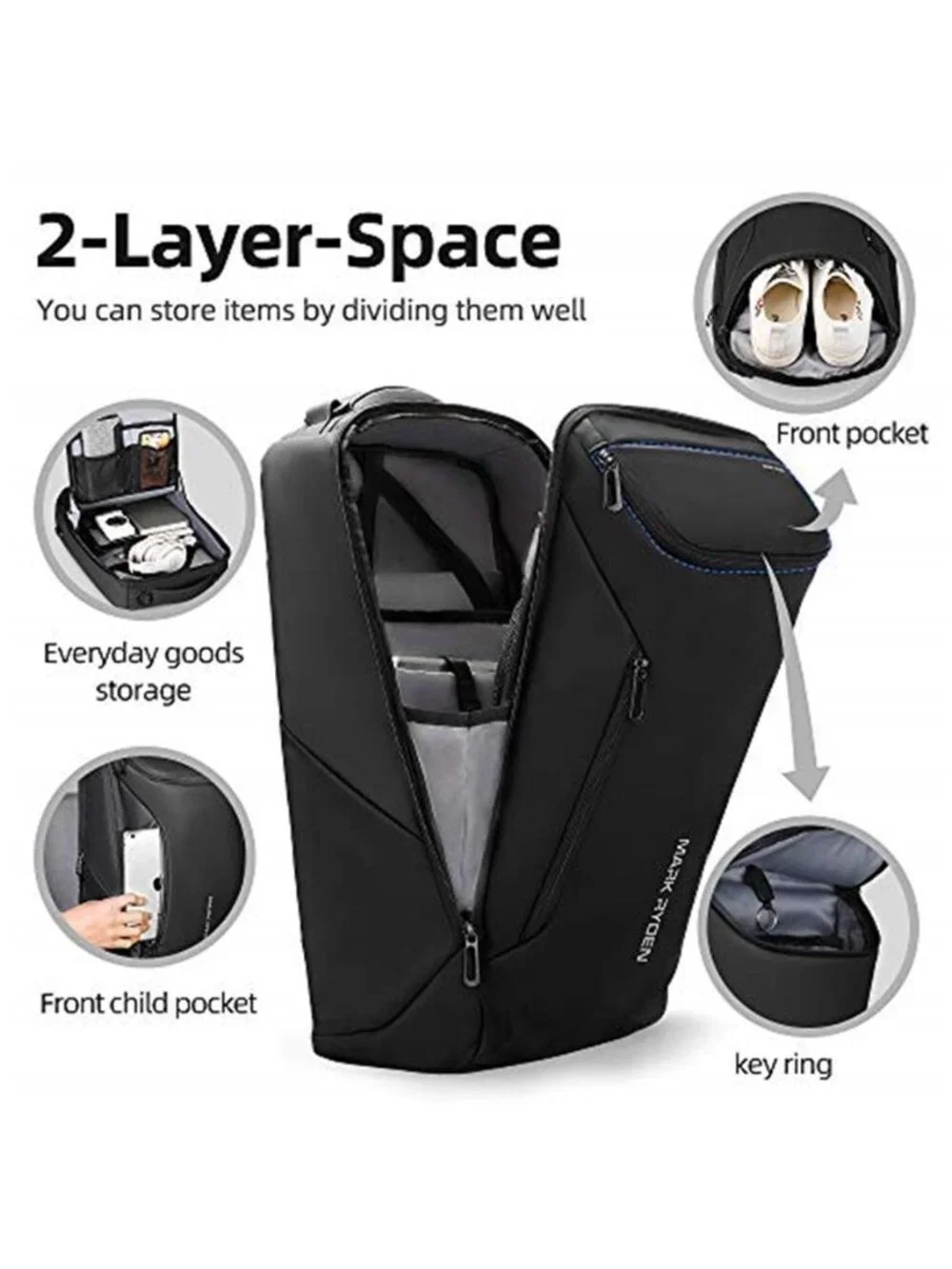Waterproof Travel Laptop Backpack 17 Inch USB Charging Men Business Black Bag